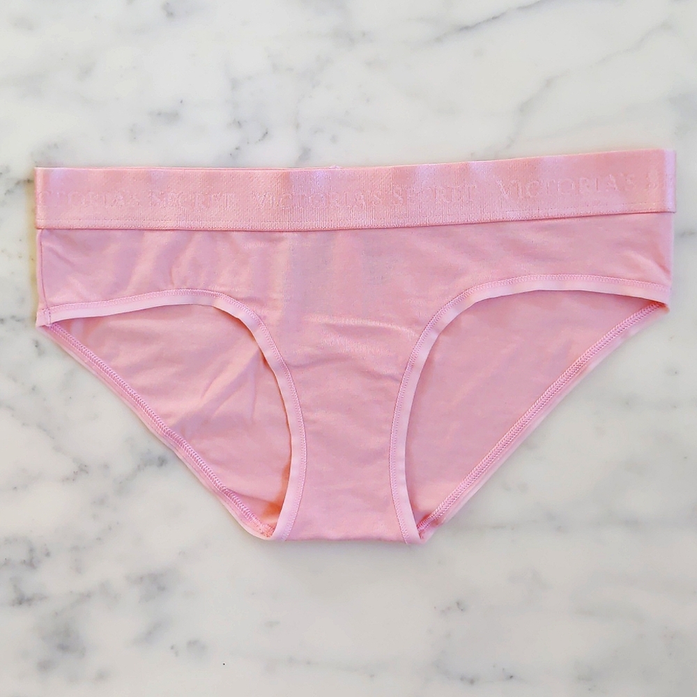 NWT. Victoria's Secret Hiphugger Satin Waistband w/Embroidered Logo Pink Panty.